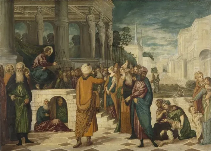 Framed Print : Christ with the Adulterous Woman, 1550-1580. Creators: Jacopo Tintoretto, Workshop of Tintoretto Framed Print : Christ with the Adulterous Woman, 1550-1580. Creators: Jacopo Tintoretto, Workshop of Tintoretto