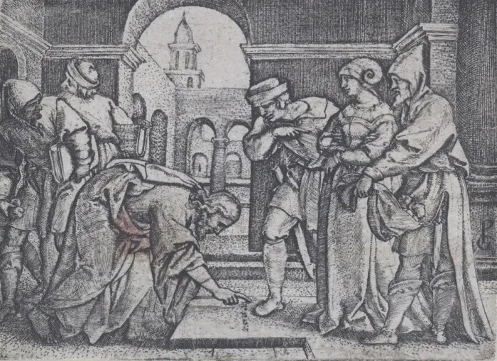 Framed Print : Christ and the Adulterous Woman. Creator: Georg Pencz Framed Print : Christ and the Adulterous Woman. Creator: Georg Pencz