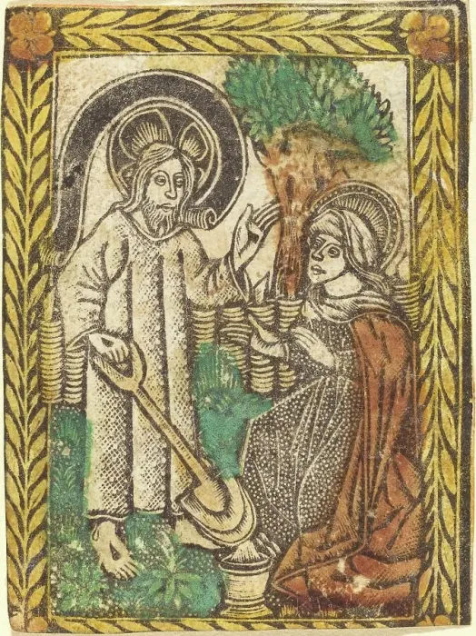 Framed Print : Christ Appearing to the Magdalene as a Gardner, 1460 / 1480. Creator: Master of the Borders with the Four Fathers of the Church Framed Print : Christ Appearing to the Magdalene as a Gardner, 1460 / 1480. Creator: Master of the Borders with the Four Fathers of the Church