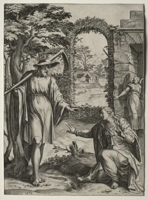 Framed Print : Christ Appearing to Mary Magdalen, 1567. Creator: Cornelis Cort (Dutch, 1533-1578); Giulio Clovio Framed Print : Christ Appearing to Mary Magdalen, 1567. Creator: Cornelis Cort (Dutch, 1533-1578); Giulio Clovio