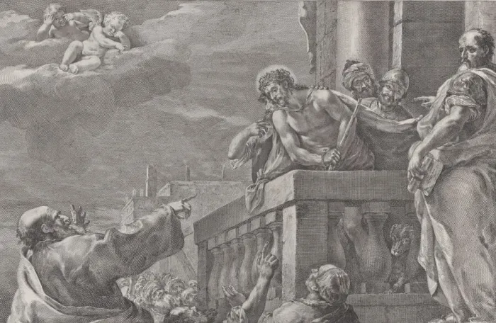 Framed Print : Christ on a balcony surrounded by guards, Pilate stands to the right gesturing towa Framed Print : Christ on a balcony surrounded by guards, Pilate stands to the right gesturing towa