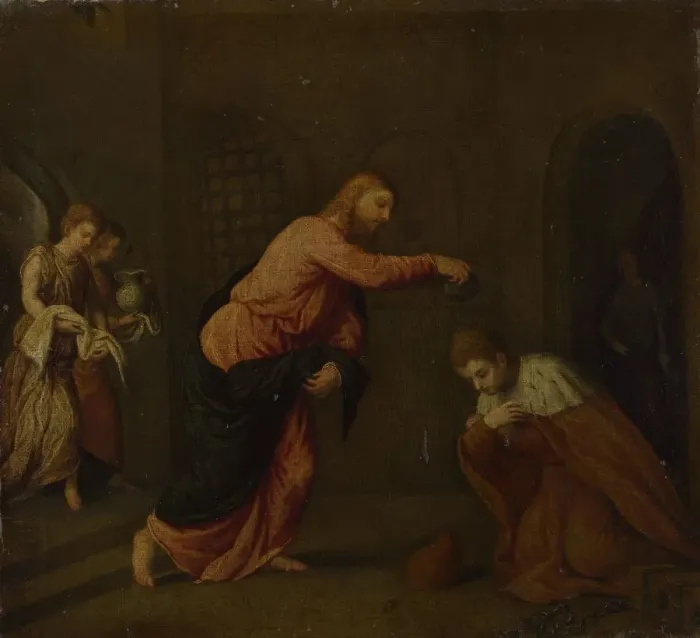 Framed Print : Christ baptising Saint John the Martyr of Alexandria, c. 1565. Artist: Bordone, Paris (1500-1571) Framed Print : Christ baptising Saint John the Martyr of Alexandria, c. 1565. Artist: Bordone, Paris (1500-1571)
