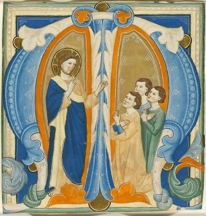 Framed Print : Christ Blessing Three Young Men, initial M from a Gradual, 1320 / 30. Creator: Maestro Daddesco Framed Print : Christ Blessing Three Young Men, initial M from a Gradual, 1320 / 30. Creator: Maestro Daddesco