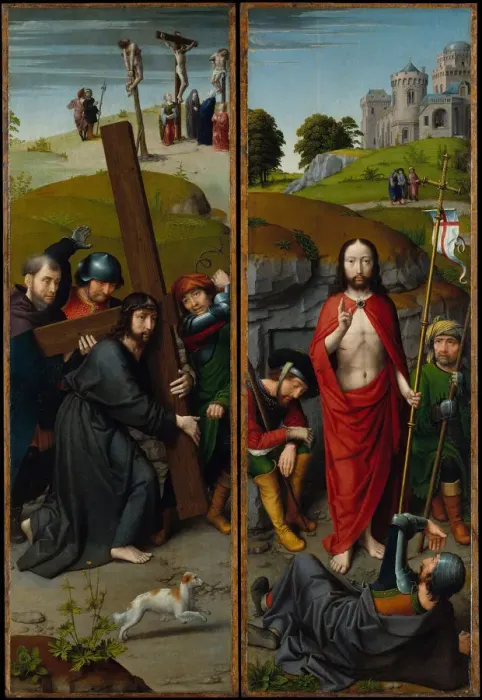 Framed Print : Christ Carrying the Cross, with the Crucifixion; The Resurrection, with the Pilgrims Framed Print : Christ Carrying the Cross, with the Crucifixion; The Resurrection, with the Pilgrims