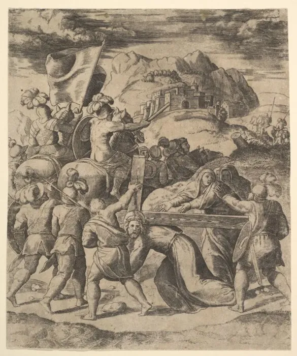 Framed Print : Christ carrying the cross surrounded by soldiers, several on horseback, 1530-60 Framed Print : Christ carrying the cross surrounded by soldiers, several on horseback, 1530-60
