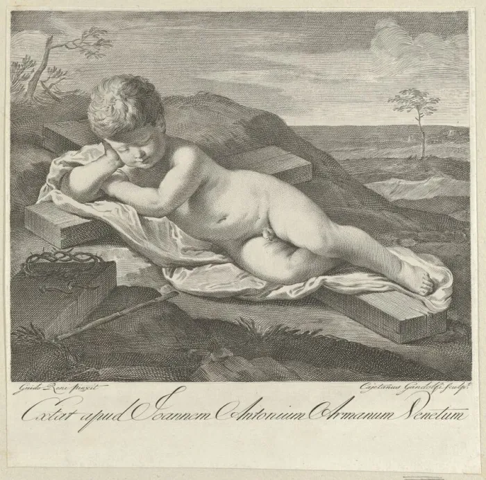 Framed Print : The Christ Child sleeping on a cross in a landscape, crown of thorns in the foreground Framed Print : The Christ Child sleeping on a cross in a landscape, crown of thorns in the foreground