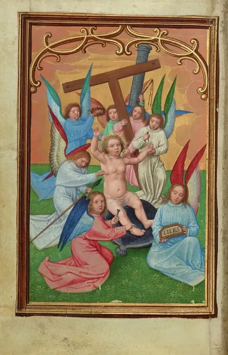 Framed Print : The Christ Child Surrounded by the Instruments of the Passion, about 1525-1530. Creator: Simon Bening Framed Print : The Christ Child Surrounded by the Instruments of the Passion, about 1525-1530. Creator: Simon Bening