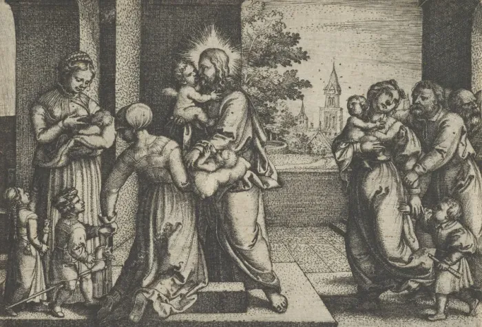 Framed Print : Christ and the Children. Creator: Georg Pencz Framed Print : Christ and the Children. Creator: Georg Pencz