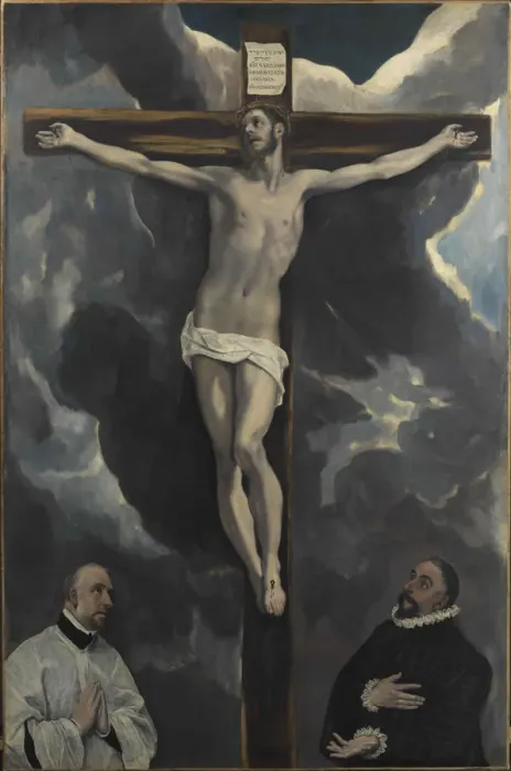 Framed Print : Christ on the Cross adored by two Donor, End of 16th cen Creator: El Greco, Dominico (1541-1614) Framed Print : Christ on the Cross adored by two Donor, End of 16th cen Creator: El Greco, Dominico (1541-1614)