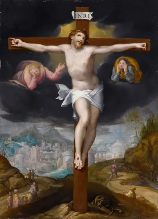 Framed Print : Christ on the Cross between two angels. Artist: Mostaert, Gillis (1534-1598) Framed Print : Christ on the Cross between two angels. Artist: Mostaert, Gillis (1534-1598)