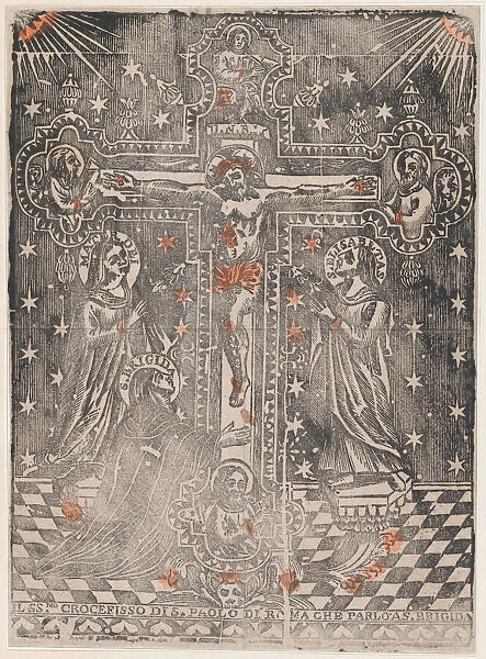 Christ on the cross flanked by the Virgin, Saint Brigit and Saint Eli... ca. 1480-1500 (restrike?). Creator: Anon
