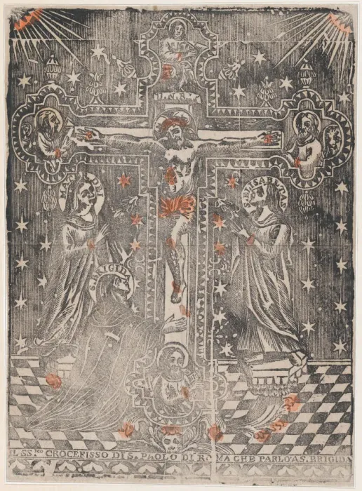 Framed Print : Christ on the cross flanked by the Virgin, Saint Brigit and Saint Eli... ca. 1480-1500 (restrike?). Creator: Anon Framed Print : Christ on the cross flanked by the Virgin, Saint Brigit and Saint Eli... ca. 1480-1500 (restrike?). Creator: Anon