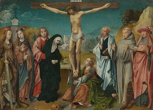 Christ on the Cross, with Mary, John, Mary Magdalene and Sts Cecilia and Barbara... c.1505-c.1510. Creator: Cornelius Engebrechtsz