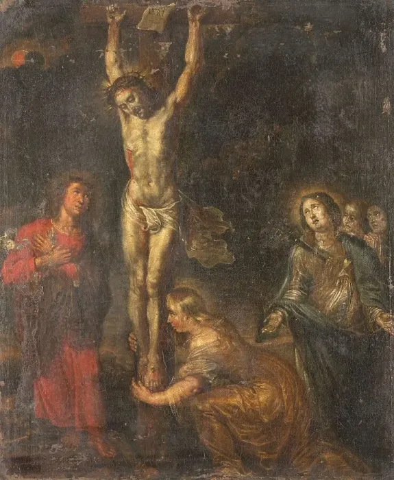 Framed Print : Christ on the Cross, with the Mother of Sorrows and Saints John the Evangelist and Mary... c.1630. Creator: Unknown Framed Print : Christ on the Cross, with the Mother of Sorrows and Saints John the Evangelist and Mary... c.1630. Creator: Unknown