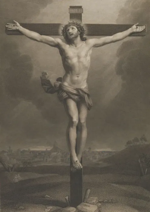 Framed Print : Christ on the cross, a town in the background, after Reni, 1850-88