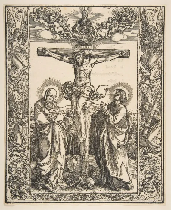 Framed Print : Christ on the Cross between the Virgin and Saint John, 1516. Creator: Albrecht Durer Framed Print : Christ on the Cross between the Virgin and Saint John, 1516. Creator: Albrecht Durer