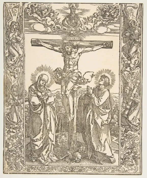Framed Print : Christ on the Cross between the Virgin and Saint John, 1516. Creator: Albrecht Durer Framed Print : Christ on the Cross between the Virgin and Saint John, 1516. Creator: Albrecht Durer