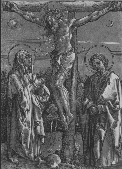Framed Print : Christ on the Cross with the Virgin and Saint John, 1500-1550. Creator: Dürer-School Framed Print : Christ on the Cross with the Virgin and Saint John, 1500-1550. Creator: Dürer-School