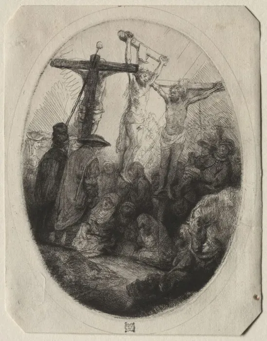 Framed Print : Christ Crucfied Between Two Thieves: An Oval Plate, c. 1641. Creator: Rembrandt van Rijn (Dutch Framed Print : Christ Crucfied Between Two Thieves: An Oval Plate, c. 1641. Creator: Rembrandt van Rijn (Dutch