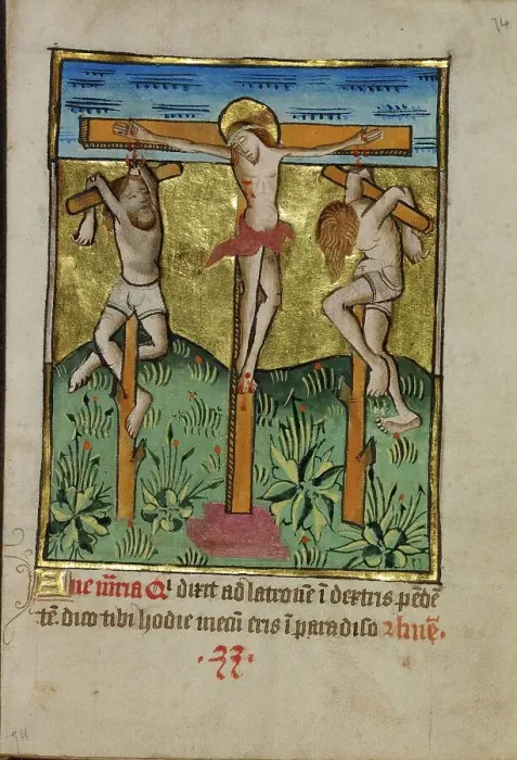 Framed Print : Christ Crucified between the Two Thieves; Illustrated Vita Christi... about 1480-1490. Creator: Unknown Framed Print : Christ Crucified between the Two Thieves; Illustrated Vita Christi... about 1480-1490. Creator: Unknown
