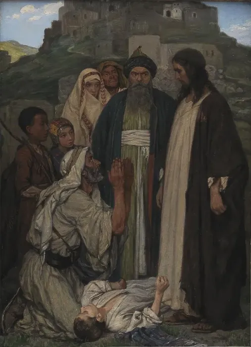 Framed Print : Christ Cures the Lunatic Child, 1891. Creator: Axel Helsted Framed Print : Christ Cures the Lunatic Child, 1891. Creator: Axel Helsted