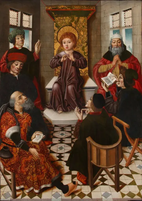 Framed Print : Christ among the Doctors. Artist: Cruz, Diego de la (active 1482-1500) Framed Print : Christ among the Doctors. Artist: Cruz, Diego de la (active 1482-1500)