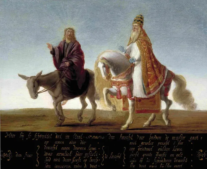 Framed Print : Christ on a donkey, the pope on horseback. Artist: Anonymous Framed Print : Christ on a donkey, the pope on horseback. Artist: Anonymous