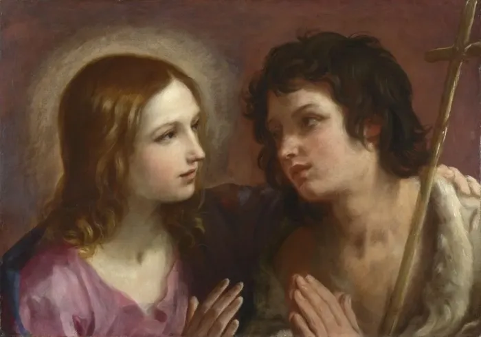 Framed Print : Christ embracing Saint John the Baptist, c. 1640. Artist: Reni, Guido (1575-1642) Framed Print : Christ embracing Saint John the Baptist, c. 1640. Artist: Reni, Guido (1575-1642)