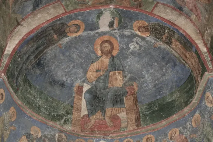 Framed Print : Christ Enthroned (Saviour of the World), 12th century. Artist: Ancient Russian frescos Framed Print : Christ Enthroned (Saviour of the World), 12th century. Artist: Ancient Russian frescos