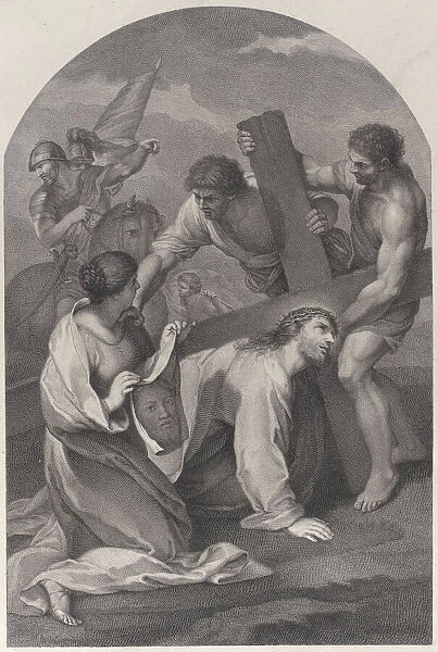 Christ fallen to the ground under the weight of the cross, with two men assisting