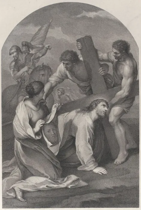 Framed Print : Christ fallen to the ground under the weight of the cross, with two men assisting Framed Print : Christ fallen to the ground under the weight of the cross, with two men assisting