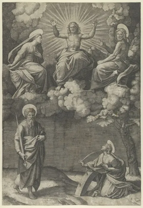 Framed Print : Christ flanked by the Virgin and St. John in the upper section, St. Paul and St. Ca... ca. 1520-25. Creator: Marcantonio Raimondi Framed Print : Christ flanked by the Virgin and St. John in the upper section, St. Paul and St. Ca... ca. 1520-25. Creator: Marcantonio Raimondi