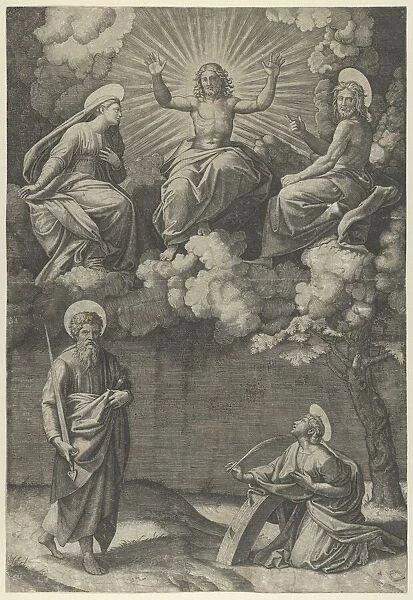 Christ flanked by the Virgin and St. John in the upper section, St. Paul and St. Ca... ca. 1520-25. Creator: Marcantonio Raimondi