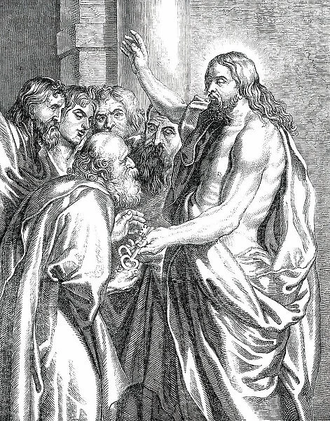 Christ Giving the Keys to S. Peter - painted by Rubens, [1850]. Creator: Unknown