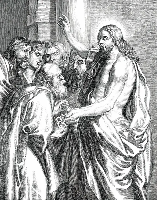 Framed Print : Christ Giving the Keys to S. Peter - painted by Rubens, [1850]. Creator: Unknown
