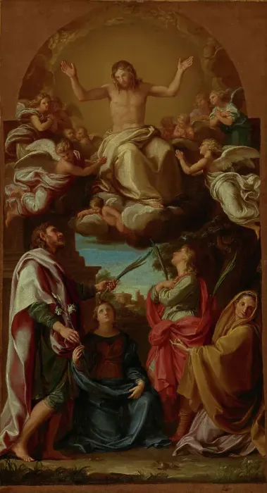 Framed Print : Christ in Glory with Saints Celsus, Julian, Marcionilla and Basilissa, 1736-1737. Creator: Pompeo Batoni Framed Print : Christ in Glory with Saints Celsus, Julian, Marcionilla and Basilissa, 1736-1737. Creator: Pompeo Batoni