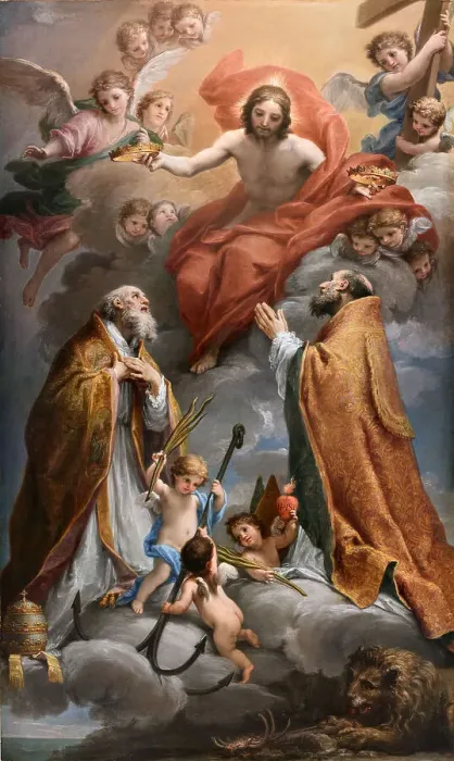 Framed Print : Christ in glory with Saints Clement and Ignatius of Antioch, End of 17th cen.. Creator: Mancini; Francesco (1679-1758) Framed Print : Christ in glory with Saints Clement and Ignatius of Antioch, End of 17th cen.. Creator: Mancini; Francesco (1679-1758)