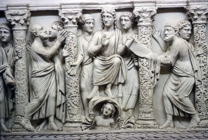 Framed Print : Christ handing scrolll of new law to St Peter while looking at St Paul, mid-4th century