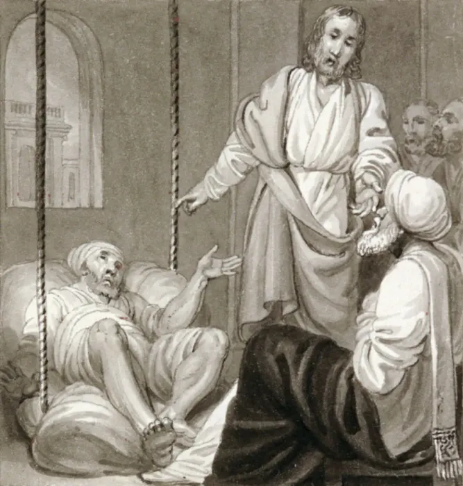 Framed Print : Christ healing the Paralysed Man let down by Ropes, c1810-c1844 Framed Print : Christ healing the Paralysed Man let down by Ropes, c1810-c1844