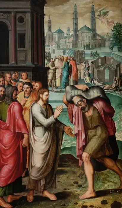 Framed Print : Christ healing the Paralytic at the Pool of Bethesda (Triptych, right side panel), 1560. Creator: Robionoy, Jean de (active Mid of the 16th cen.) Framed Print : Christ healing the Paralytic at the Pool of Bethesda (Triptych, right side panel), 1560. Creator: Robionoy, Jean de (active Mid of the 16th cen.)