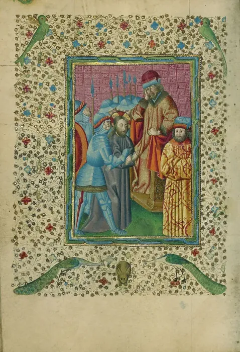 Framed Print : Christ before Herod; Book of Hours, about 1460. Creator: Unknown Framed Print : Christ before Herod; Book of Hours, about 1460. Creator: Unknown