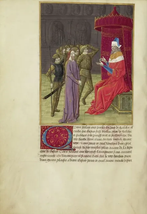 Framed Print : Christ before Herod; La Passion de nostre seigneur ihesus christ, about 1480-1490. Creators: Master of Guillaume Lambert, Workshop of Master of Guillaume Lambert Framed Print : Christ before Herod; La Passion de nostre seigneur ihesus christ, about 1480-1490. Creators: Master of Guillaume Lambert, Workshop of Master of Guillaume Lambert
