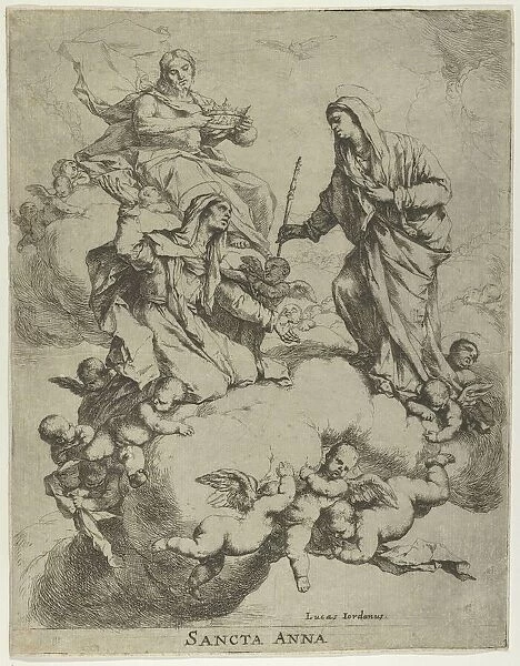Christ holding a crown at upper left and the Virgin receiving Saint Anne in Heaven at r... 1650-70. Creator: Luca Giordano