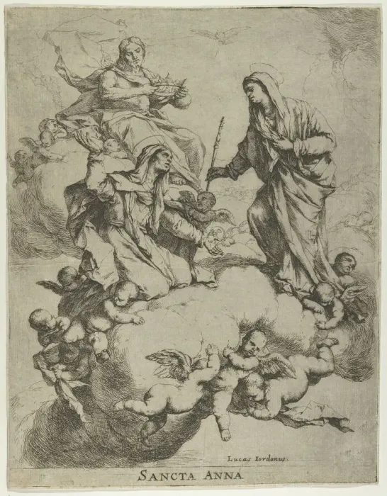 Framed Print : Christ holding a crown at upper left and the Virgin receiving Saint Anne in Heaven at r... 1650-70. Creator: Luca Giordano Framed Print : Christ holding a crown at upper left and the Virgin receiving Saint Anne in Heaven at r... 1650-70. Creator: Luca Giordano