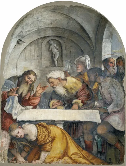 Framed Print : Christ in the House of Simon the Pharisee, c1532. Creator: Romanino, Gerolamo (1485 / 6-1566) Framed Print : Christ in the House of Simon the Pharisee, c1532. Creator: Romanino, Gerolamo (1485 / 6-1566)