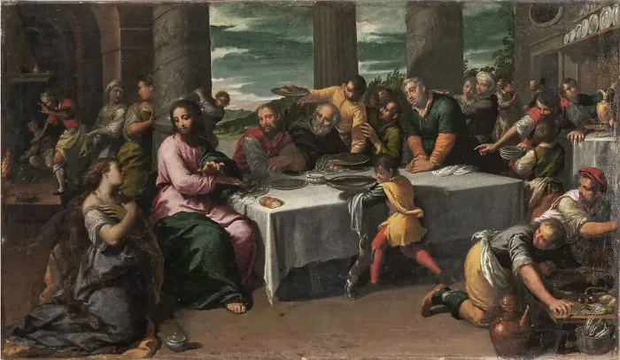 Framed Print : Christ at the house of Simon the Pharisee, c1590. Creator: Scarsellino (Scarsella); Ippolito (1551-1620) Framed Print : Christ at the house of Simon the Pharisee, c1590. Creator: Scarsellino (Scarsella); Ippolito (1551-1620)