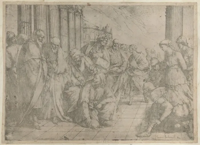 Framed Print : Christ kneels and writes on the pavement at center, while the woman taken in adultery stan... 1653. Creator: Luca Giordano Framed Print : Christ kneels and writes on the pavement at center, while the woman taken in adultery stan... 1653. Creator: Luca Giordano