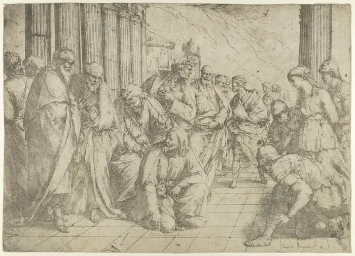Framed Print : Christ kneels and writes on the pavement at center and a woman taken in adultery by three... 1653. Creator: Luca Giordano Framed Print : Christ kneels and writes on the pavement at center and a woman taken in adultery by three... 1653. Creator: Luca Giordano