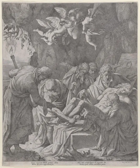 Framed Print : Christ being laid into the sepulcher as the Virgin stands weeping behind, 1600-30 Framed Print : Christ being laid into the sepulcher as the Virgin stands weeping behind, 1600-30