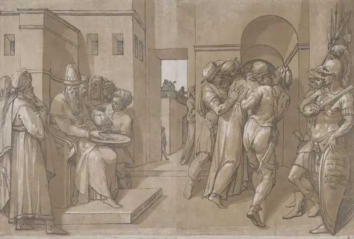 Framed Print : Christ is being led away, soldiers stand at the right (right side of sheet), 1585 Framed Print : Christ is being led away, soldiers stand at the right (right side of sheet), 1585